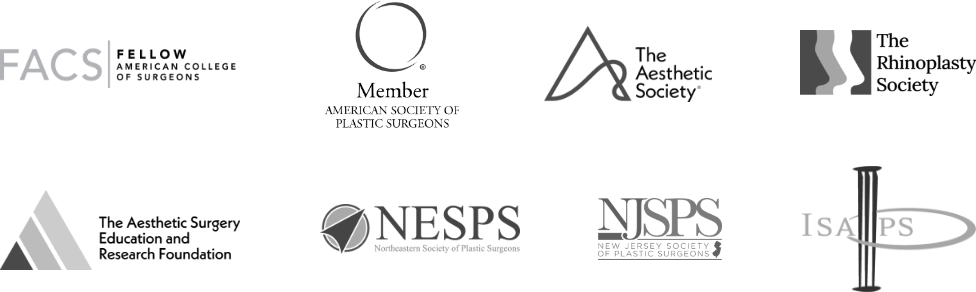 Dr. Parkers credentials logos including Fellow Americna College of Surgeons, American Society of Plastic Surgeons, The Aesthetic Society, The Rhinoplasty Society, The Aesthetic Surgery Education and Research Foundation, Northeastern Society of Plastic Surgeons, New Jersey Society of Plastuc Surgeons, & The Plastic Surgery Foundation