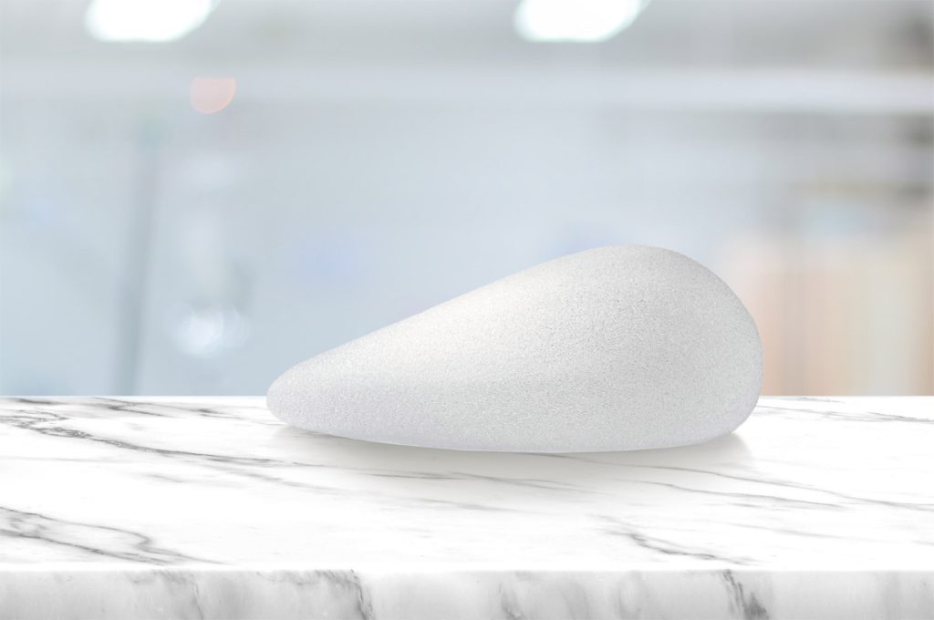 Textured breast implant on a table