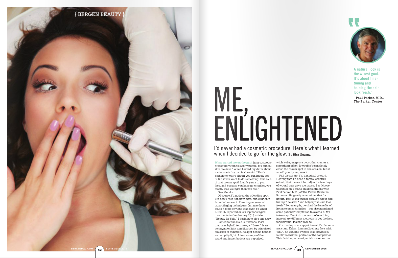 Me, Enlightened magazine article highlighted by Dr. Parker's face