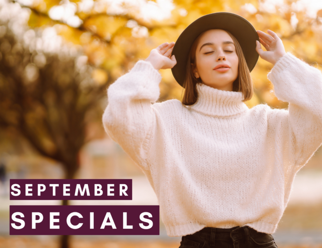woman wearing hat and white sweater with September Specials overlaid